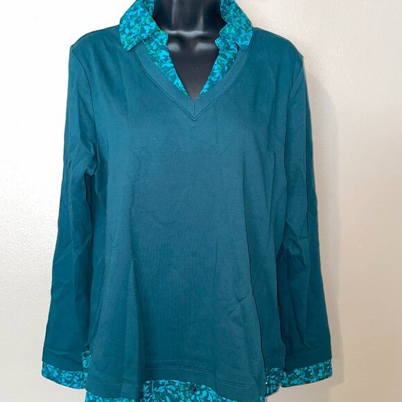 A519215** Isaac Mizrahi Live] Mixed Media Collared Vneck Layered Look Top - Picture 1 of 3